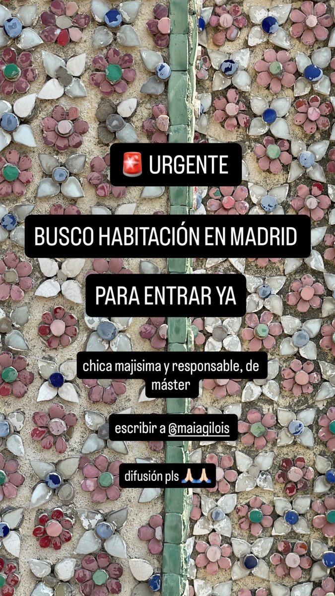 llevo como dos años sin escribir por aquí pero tengo una amiga desesperada con la maravillosa situación de vivienda en madrid así que comparto esto y me voy 
su ig es @ maiagilois