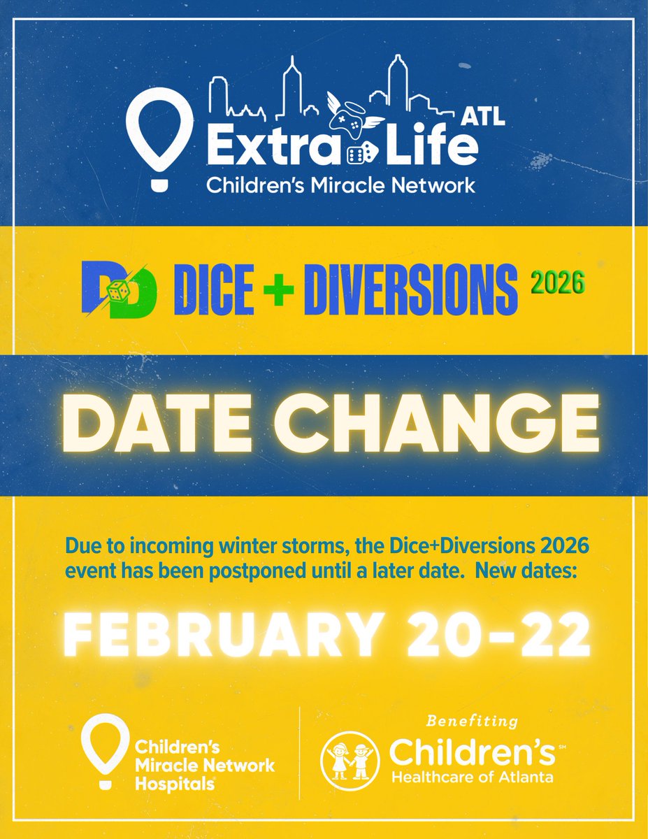 We were going to make a surprise appearance at Dice + Diversions 2026 this weekend, but the Georgia weather had different plans. The event has now been rescheduled to February 20-22.  Be safe this weekend!
#ExtraLifeATL #DiceAndDiversions #AtlantaEvents #GamingForGood