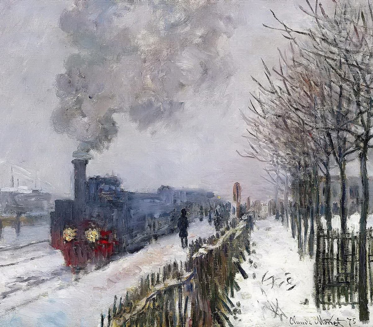 CindySinor's tweet image. “Train in the Snow”by Claude Monet (1875). If you’re in the path of this weekend’s winter storm, stay safe. ❄️