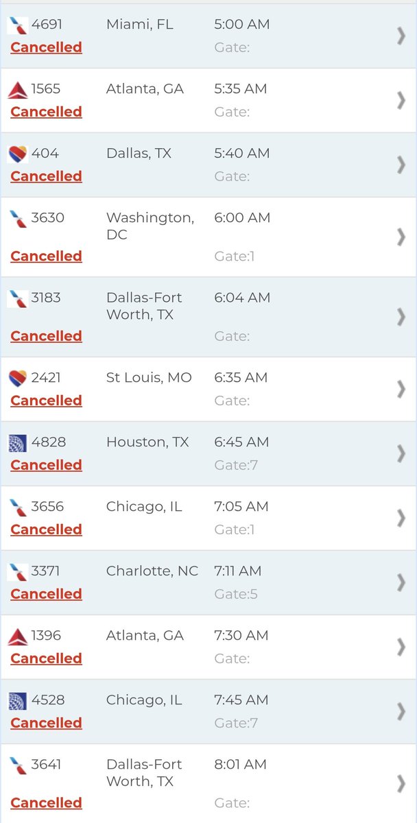 AshleiKing's tweet photo. It looks like all flights leaving the Clinton National Airport tomorrow morning through noon have already been canceled. The airport says it will remain open and crews will be plowing the runway. However, it is the airlines' decision on canceling flights. #ARwx #ARStormTeam https://t.co/b93GQta965