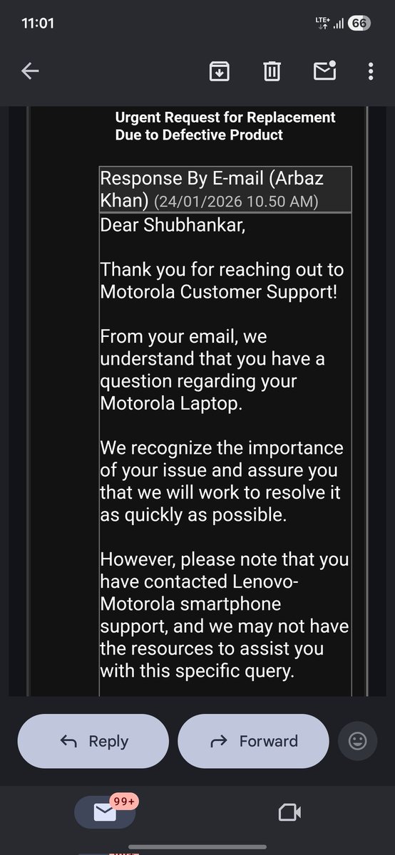 Shubhankar_EE's tweet photo. @flipkartsupport I contacted the brand as advised. Motorola has confirmed they cannot assist with laptop issues (they handle smartphones only).
This brings the responsibility back to Flipkart.
Request immediate manual return/replacement as the defect was reported within the return window. https://t.co/kS9mpFut79