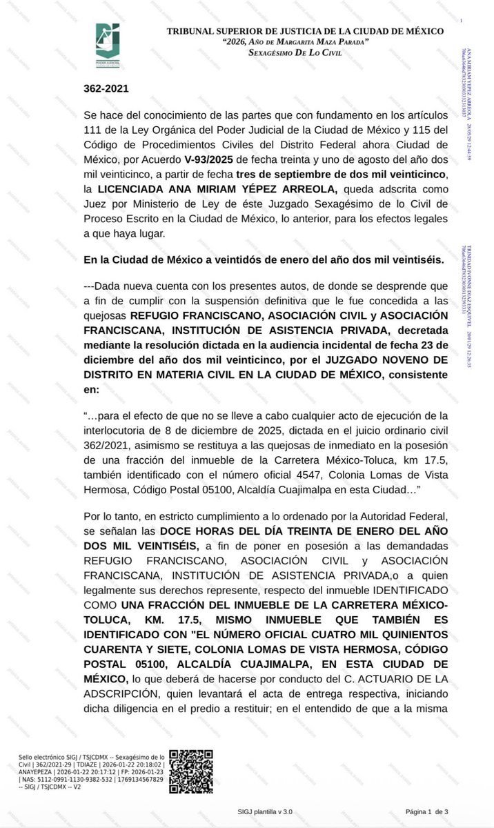 marianoosorio1's tweet image. Buenas noticias, la jueza Ana Miriam Yépez Arreola, ordena devolver el predio a Refugio Franciscano.

El documento oficial indica que será el próximo viernes 30 de enero a las 12 del día.

Este domingo a las 12 del día, defensores del @Ref_Franciscano marcharán del Monumento a la…