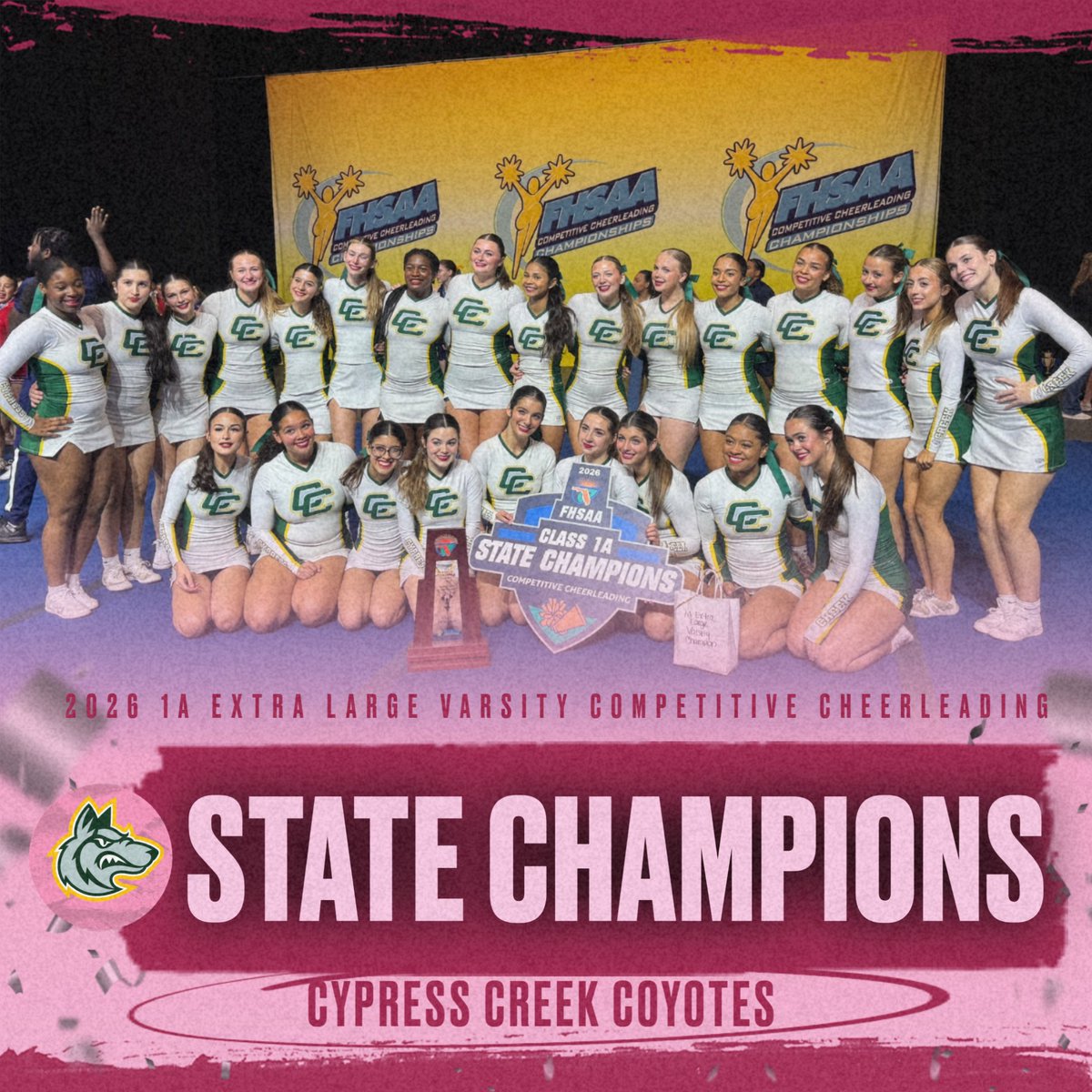 FHSAA's tweet image. 🎉🏆 STATE CHAMPIONS! 🏆🎉

Congratulations to the #FHSAA 1A champs!
🔥 Medium Varsity – Chiles
🔥 Large Non-Tumbling – Downtown Doral
🔥 Extra Large Varsity – Cypress Creek
🔥 Extra Large Non-Tumbling – Cardinal Gibbons

What a championship performance—way to shine on the big…