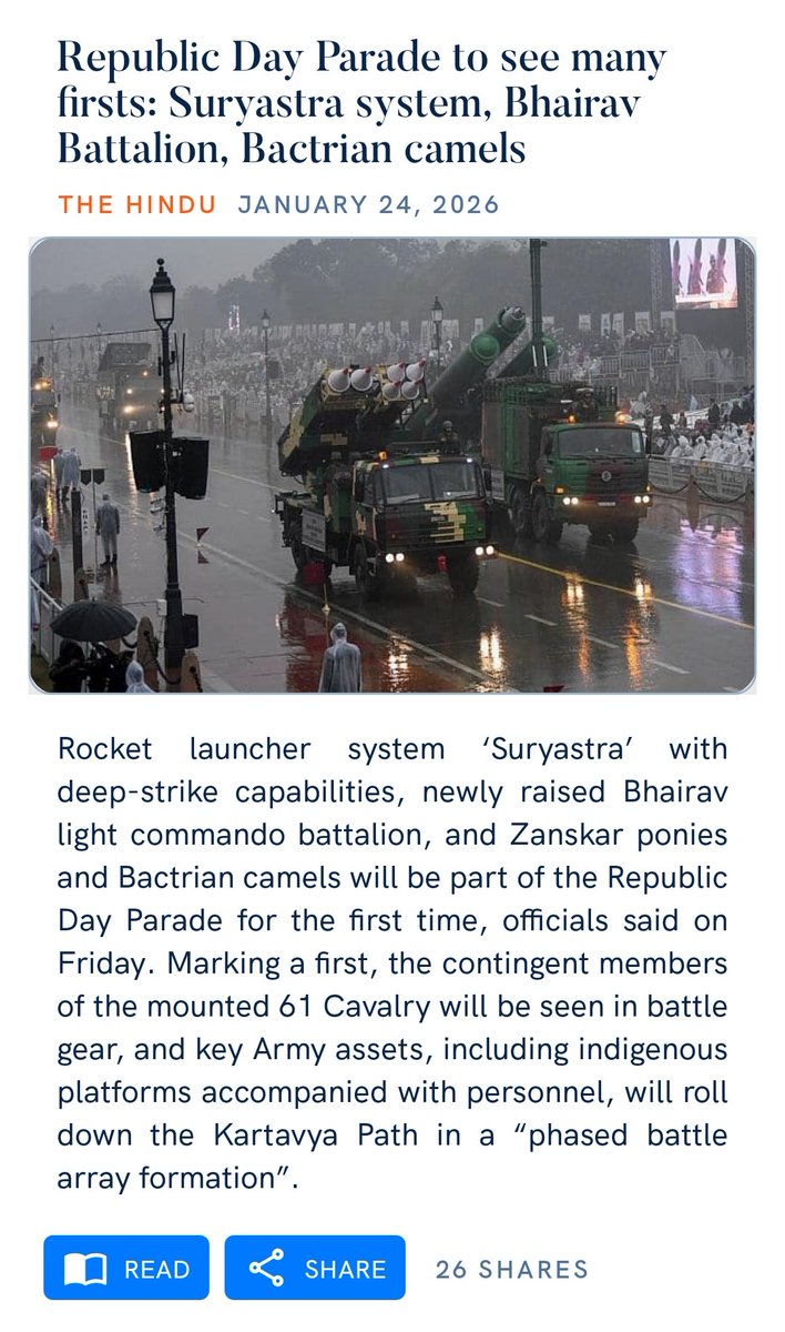 mepratap's tweet photo. Republic Day Parade to see many firsts: Suryastra system, Bhairav Battalion, Bactrian camels
https://t.co/xESJIst9LQ https://t.co/lCypaRrqzW