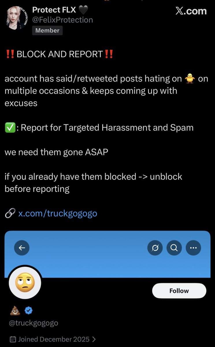 report4flx's tweet image. ‼️REPORT AND BLOCK‼️

@Chan_Protection has not blocked truckgogogo, despite the acc being widely reported as a known FLX anti. Allowing continued visibility and interaction contradicts the purpose of a protection-focused account.

x.com/Chan_Protection
x.com/truckgogogo