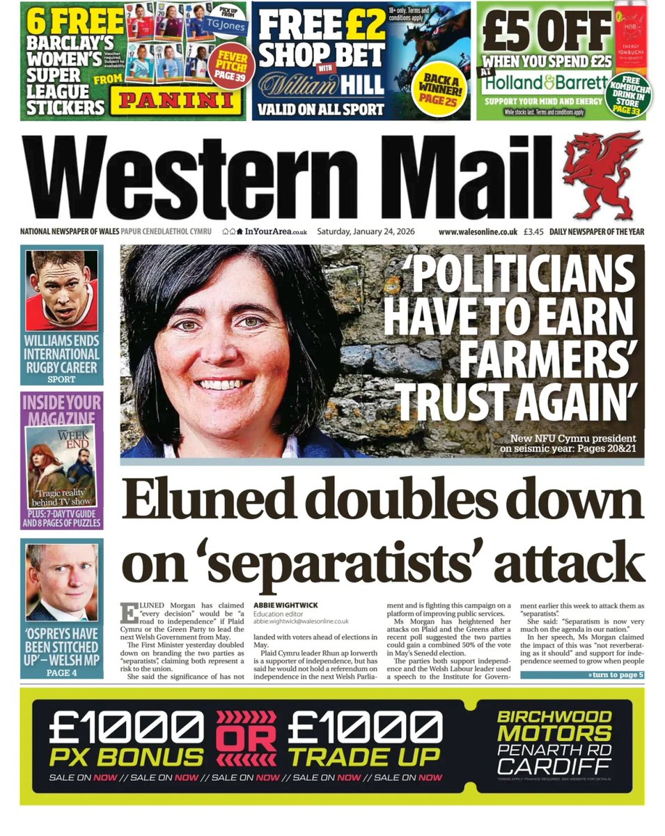 ukpapers's tweet photo. ▫ Eluned Doubles Down On 'Separatists' Attack

▫Eluned Morgan claimed every decision for Wales would be about 'a road to independence' ...
▫@AbbieWightwick

@WalesOnline #frontpagestoday #UK 🇬🇧 https://t.co/pQYIWpH5V6