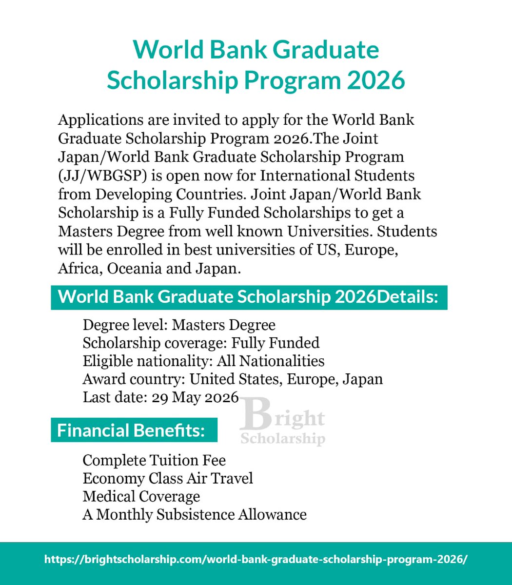 World Bank Graduate Scholarship Program 2026 (Fully Funded)

Applications are open for the World Bank Graduate Scholarship Program 2026, offering fully funded Master’s degree opportunities for outstanding students from all nationalities.

Degree level: Master’s
Study