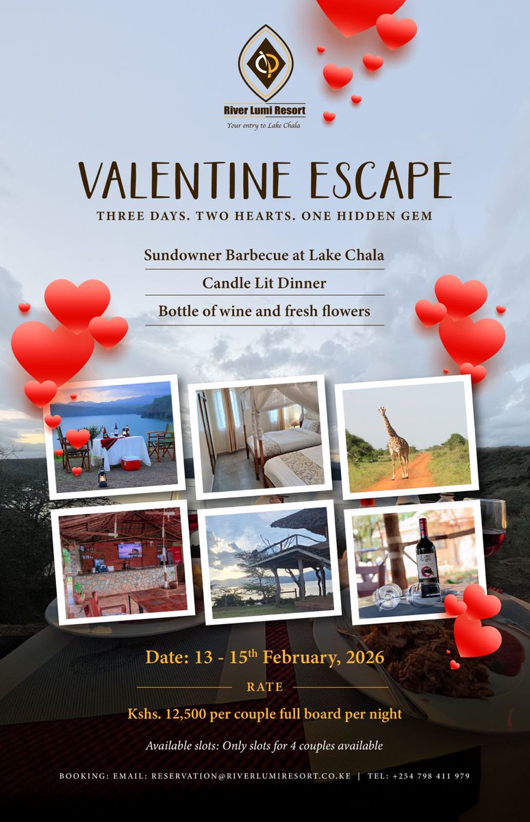 For only Kshs. 12,500 you can enjoy with your loved one this Valentine at River Lumi Resort. Enjoy memorable sunset views at the rim of the Lake Chala crater, morning walks to the Lumi river and springs. Limited slots available. Contact us on reservation@riverlumiresort.co.ke