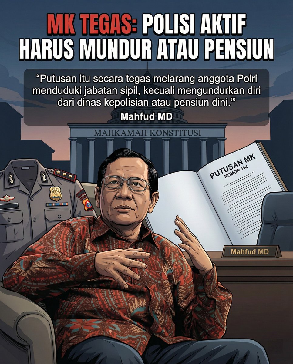 Selain harus pensiun dini dan berhenti, harus dimuat di dalam Undang-Undang, tidak bisa di dalam PP dan itu dipertegas oleh MK lagi kemarin. Sekarang, putusan MK mengatakan persis seperti yang saya katakan, tidak boleh dong diatur dengan PP kata Mahfud.