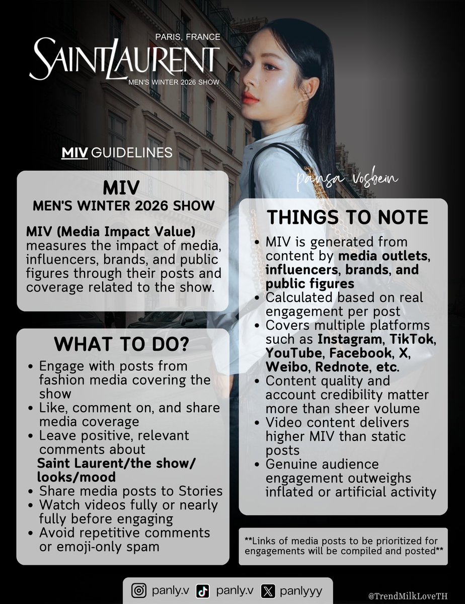 สวัสดีค่าทุกคน บ้านเทรนด์ขอมาแชร์ Guidelines EMV และ MIV สำหรับงาน SAINT LAURENT MEN'S WINTER 2026 SHOW ของมิ้ลค์ พรรษากันนะคะ

#SaintLaurentxMilk
#SaintLaurent #MilkPansa