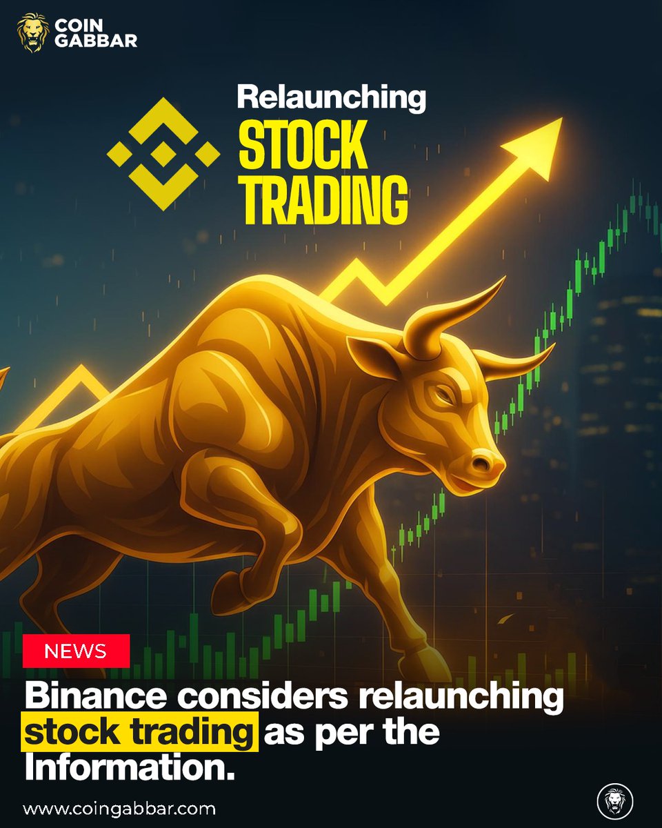 Binance Eyes Return to Stock Trading @binance is reportedly considering a  relaunch of stock trading, signaling a potential expansion beyond crypto as  regulatory clarity improves. Follow #CoinGabbar for more crypto updates.  #CryptoNews #
