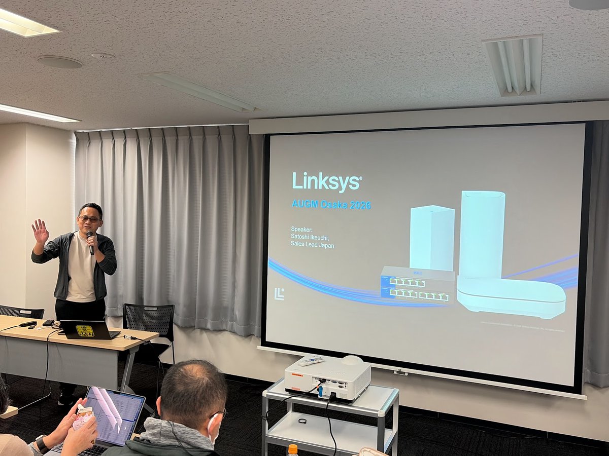 【AUGM 大阪 January 2026 開催中】
次は，みんな大好きメッシュWi-Fi「Velop」でおなじみの Linksys さんです．「安いWi-Fiルーターでも自分は個人だしセキュリティ的に問題ないと思っていませんか？」と題したお話です．
#AUGMOsaka