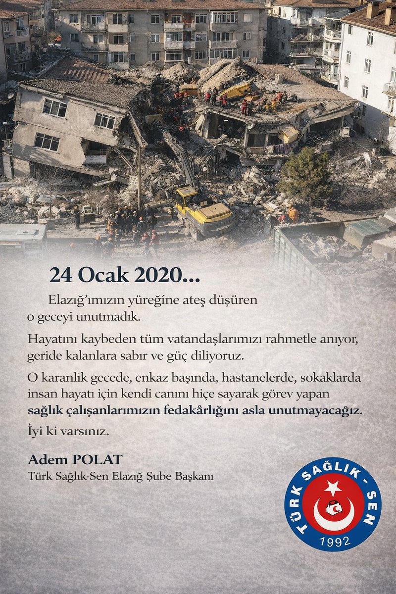 Ne depremi, ne depremde hayatını kaybedenleri nede kendi canlarını hiçe sayarak görev yapan sağlık personellerinin fedakarlıklarını unutmadık, unutturmayacağız. <a href="/tsselazig2323/">Türk Sağlık Sen Elazığ</a> <a href="/turksagliksengm/">Türk Sağlık-Sen</a>