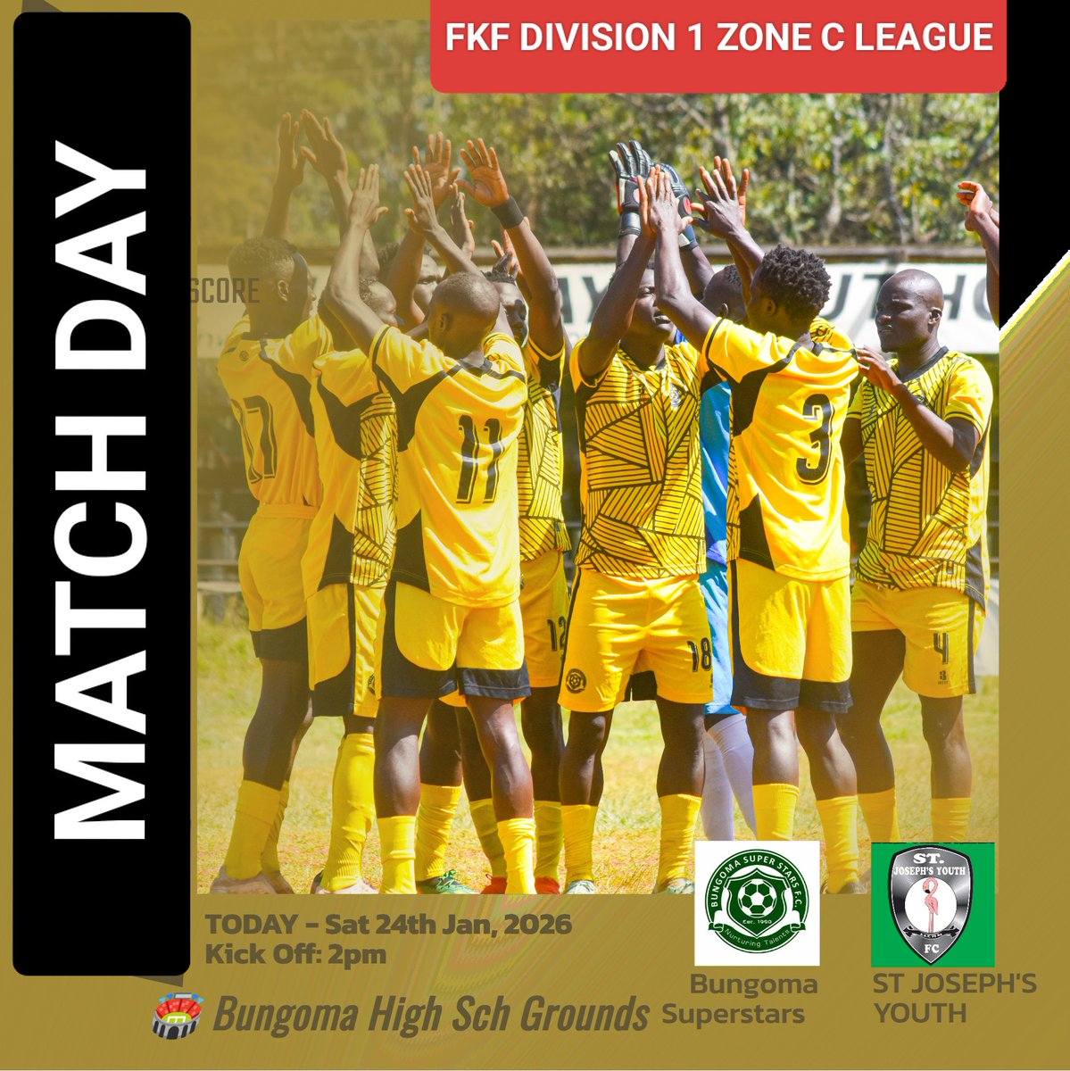 Match Day: 
⚽ <a href="/BgmSuperStarsFC/">BungomaSuperstarsFC</a>  vs ST Joseph's Youth FC 
🏆 FKF Division One Zone C League
📆Today -  Sat 24th Jan, 2026.
⏰ 1400HRS
🏟️ Bungoma High School Grounds (Use Gate B next to the Bungoma GK Prisons)