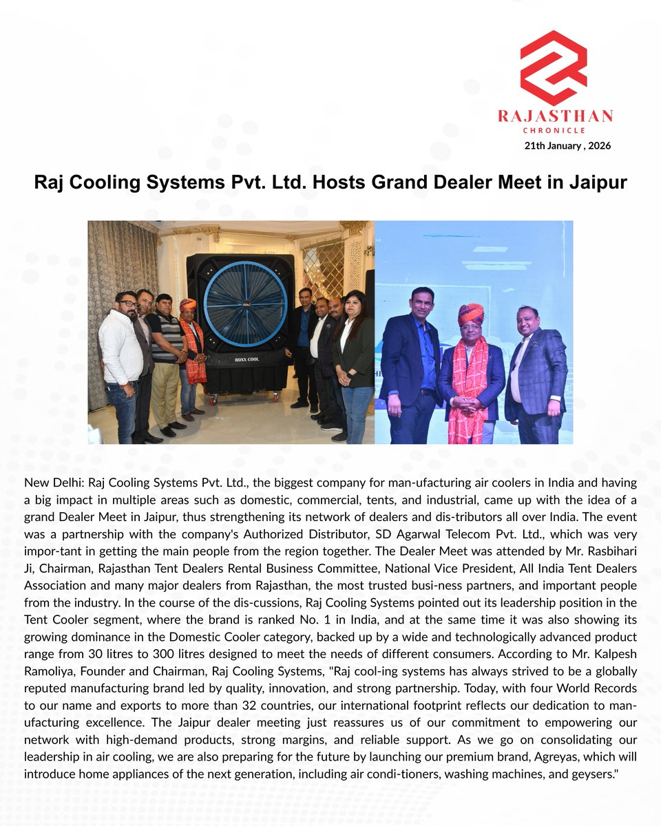 raj_cooling_'s tweet photo. A proud and inspiring moment for Raj Cooling Systems Pvt. Ltd. ✨

We successfully hosted our Grand Dealer Meet in Jaipur in collaboration with our trusted distributor, SD Agarwal Telecom Pvt. Ltd. 🤝

#rajcoolingsystems #news #dealermeet #businessgrowth #dealershipopportunity https://t.co/qDNqZGhZcN