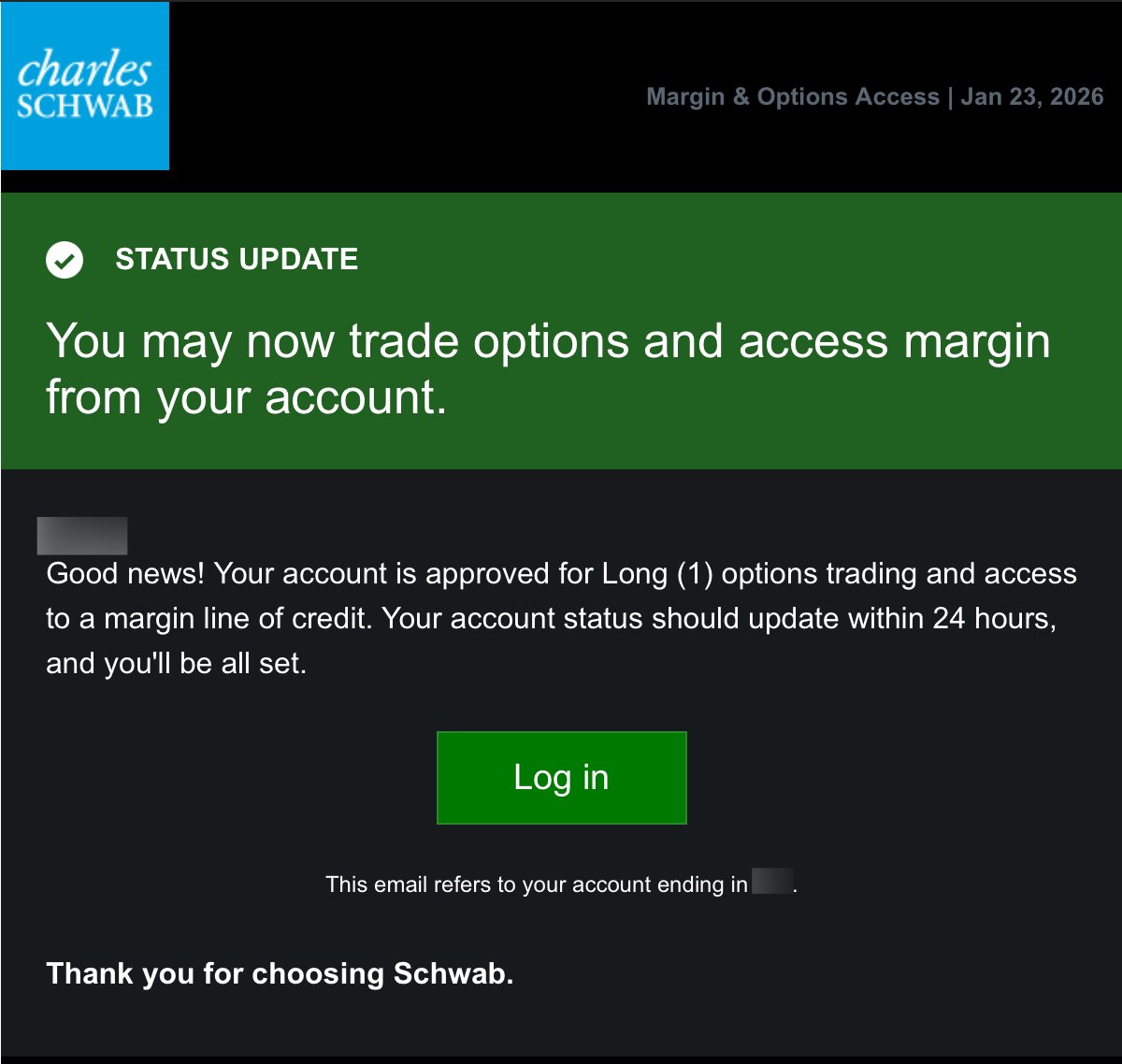 嘉信理财不知道这个是不是开户成功了所以说，渠道要先做，没钱是另外回事，渠道不会等你，劵商对大陆居民关门的速度只会越来越快。  之前开通汇丰One，我还真没有钱，就存了个400港币买灵活智投，现在有6元的收益了，怎么滴，这6元你给我啊。 什么汇丰不养穷人，看不起你们 ...