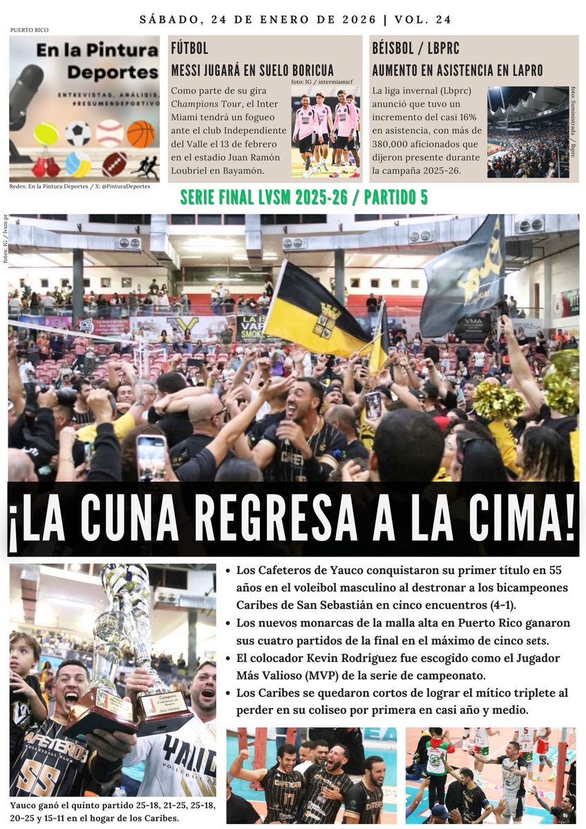 PinturaDeportes's tweet photo. 📰 Portada deportiva del sábado, 24 de enero de 2026. #PinturaDeportes 🇵🇷
@FedPURVoli #cafeterosdeyauco @InterMiamiCF @LBPRC #fútbol #béisbol #LaPro https://t.co/he9fri3WuX