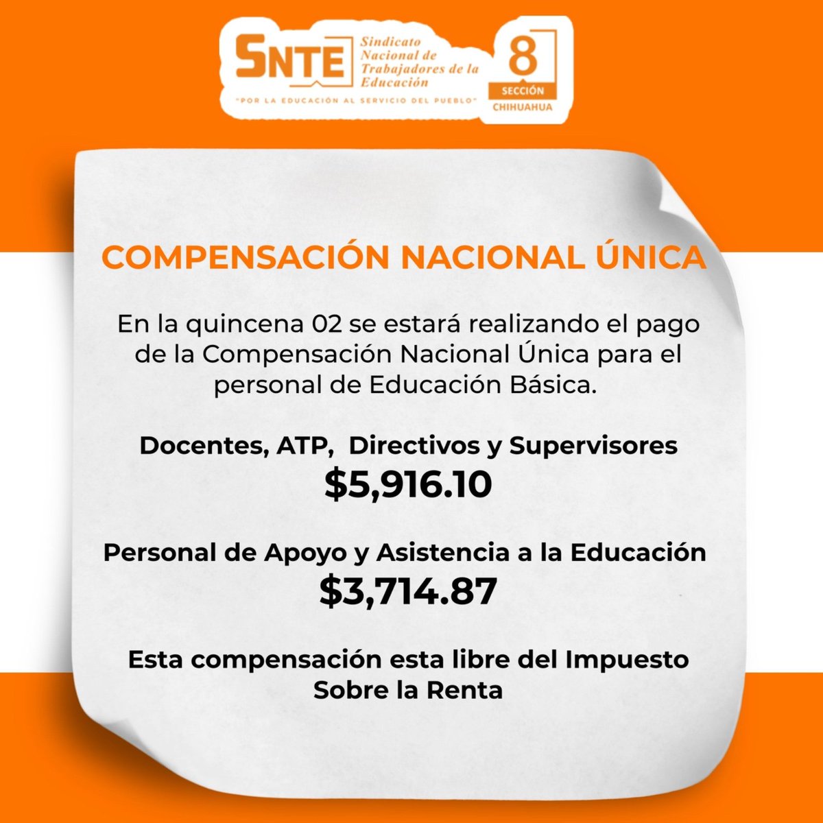 ✅ En la quincena 02 se estará dispersando el pago correspondiente a la Compensación Nacional Única para el personal de educación básica.

#SNTE
#Sección8
#TanGrandesComoChihuahua