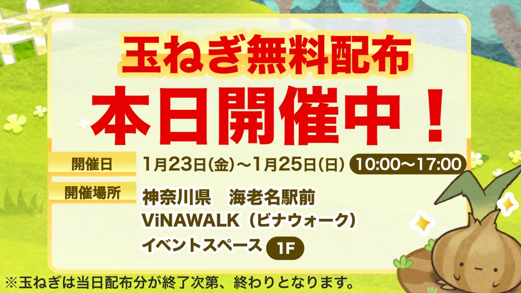 kauche_jp's tweet photo. 本日、海老名駅直結のViNA WALKのイベントスペースにて、カウシェが玉ねぎを無料配布中🧅🧅🧅

ぜひ貰いに来てください！
@ViNAWALK_ebina https://t.co/qM9ADPu7Y2