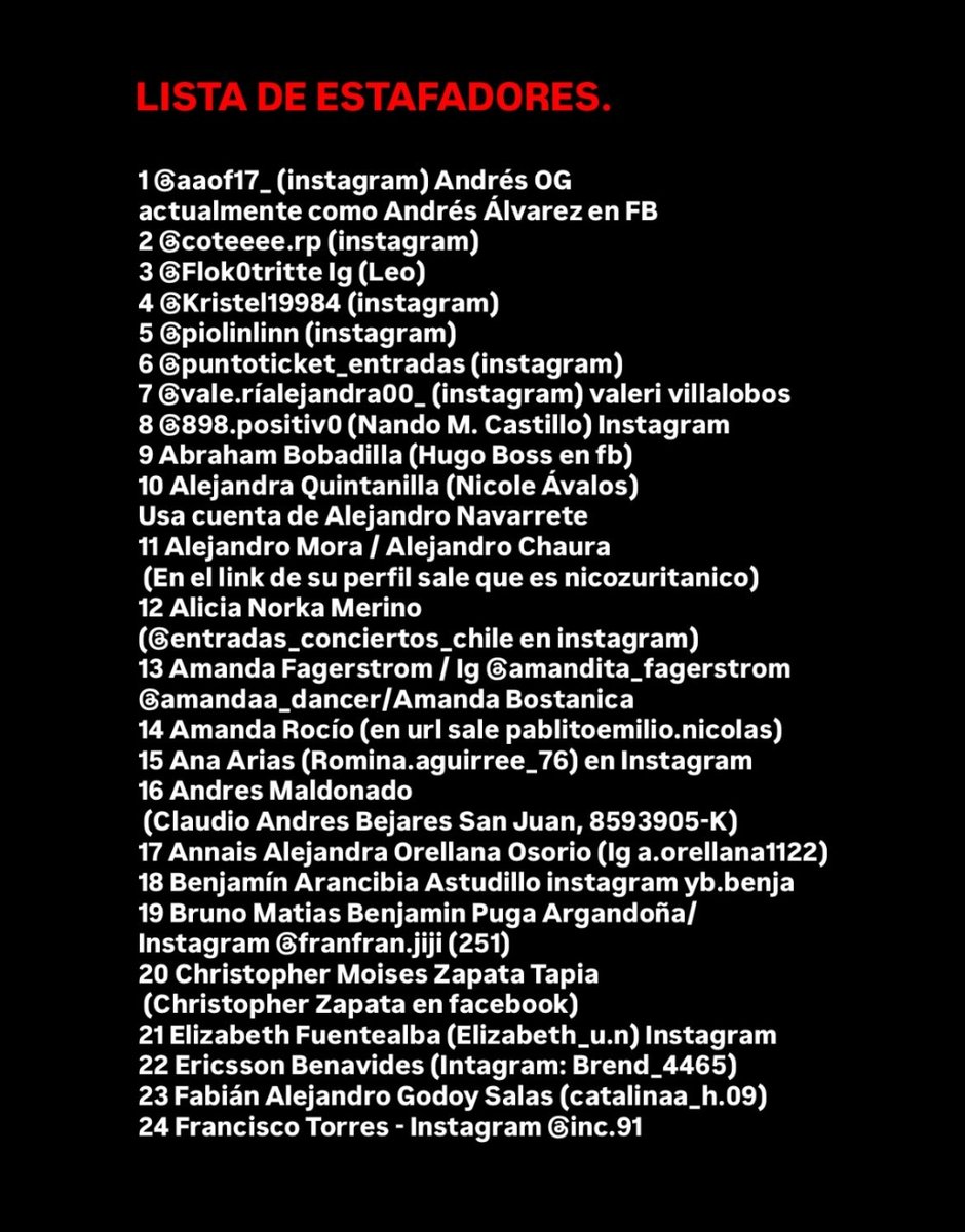 niniisy's tweet image. LISTA DE ESTAFADORES 🚨
Mucho cuidado, ARMY México! 
Se que anhelamos ver a BTS, pero en medio de la emoción y la desesperación es fácil caer en trampas.
⚠️ NO A LA REVENTA EN MÉXICO
Evita fraudes, no compres boletos de revendedores. 
#NoALaReventaBTSMEXICO #ARMYNoCompraReventa