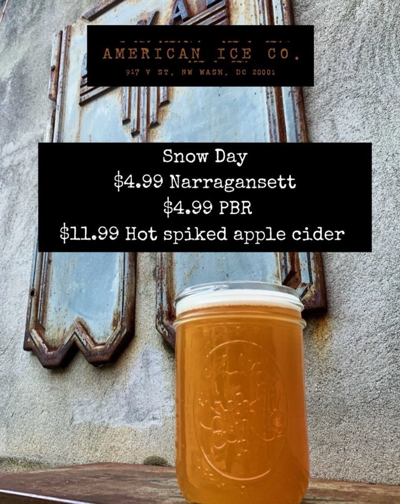 “Neither rain, nor snow, nor sleet, nor hail shall keep your neighborhood bar from serving their drink specials.” 🫡
SUNDAY SPECIALS
Gansett $4.99
PBR $4.99
Hot spiked apple cider $11.99
BEER + SHOT COMBOS:
Old Time + Gentleman Jack $10.99
Gansett + Jameson $14.99
917 V Street NW