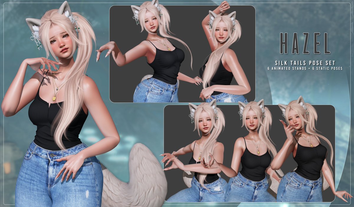 ✨NEW✨

Hazel . Silk Tails Pose Set @ TWH Sale
• 6 Static Poses + 6 Animated
• Fatpack 10% off during event

More info / Teleport: flic.kr/p/2rTgQdT