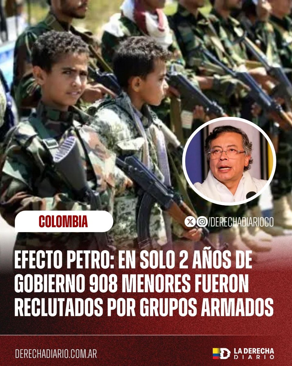 🚨🇨🇴 | EFECTO PETRO: La Defensoría del Pueblo confirmó que bajo el narcogobierno de Petro 908 menores fueron reclutados y privados de la libertad en solo 2 años: 651 en 2024 y 257 en 2025.