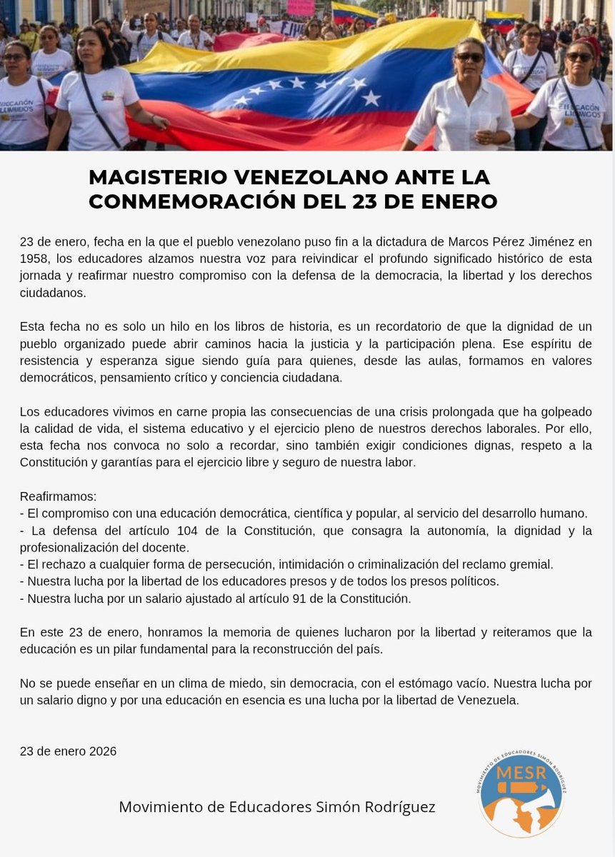 #23Enero
Reivindicamos el profundo significado histórico de esta jornada y reafirmamos nuestro compromiso con la defensa de la democracia, la libertad y los derechos ciudadanos.
#EducadoresMESR