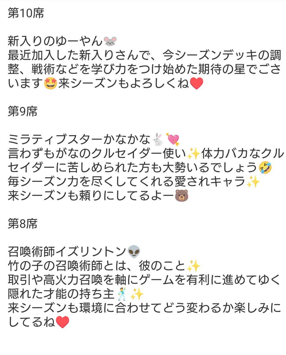 GAJI_GAJI_SHOTA's tweet photo. 遅くなりましたが、今期もお疲れ様でした🐻

ギルド対抗戦にも残れて大変よぬ頑張りました✋♥️

そんなこんなで今期のMVPとして、
竹の子10傑のご紹介
戦ってくれたXENOプレーヤーの皆様
今期もありがとうございました🙇

来シーズンも楽しんでいましょ♥️
#XENO
#竹の子メンバーいつもありがと https://t.co/ffXjnw97Iq