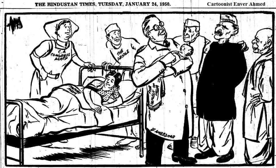 Mother India giving birth to a baby called 'Republic of India'. Dr #BabaSahebAmbedkar holding that baby in his hands, while Pandit Nehru, Dr Rajendra Prasad &amp; #SardarPatel are looking at the newly born baby

Cartoon by Enver Ahmed, published in Hindustan Times on 24th Jan 1950.