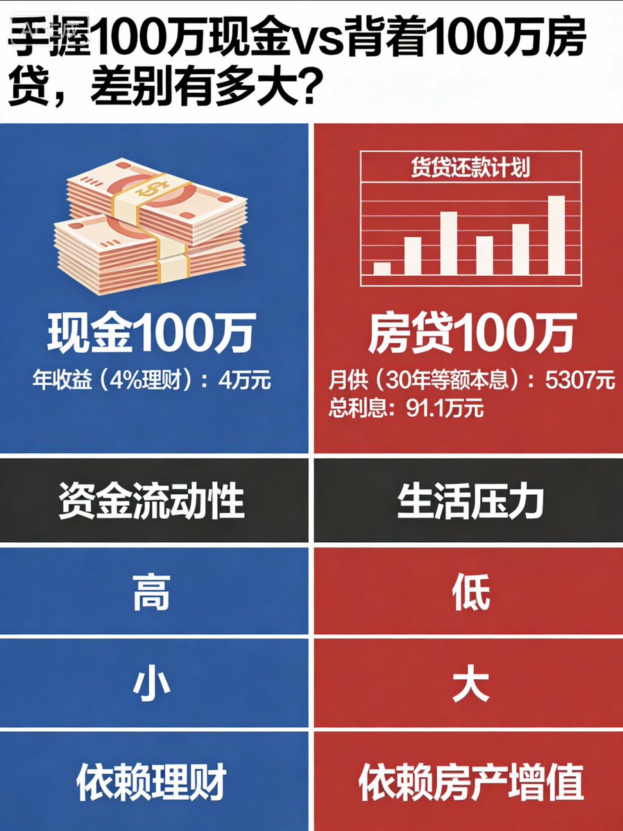 手握100万现金vs 背着100万房贷，差别到底有多大？ 手握100万现金和背负100万房贷，看似都是和“100万”打交道，实则是两种天差地别的生活状态，咱们算笔明白账，答案一目了然。  第一，先算清账本：100万现金在手，若每月固定支出4200元，这笔钱足足能支撑近20年的生活；可 ...