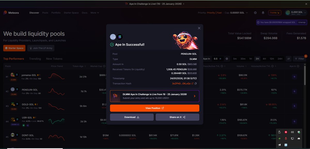 Used the new Ape-In feature on Pool Discovery to open a position in PENGUIN/SOL on <a href="/MeteoraAG/">Meteora</a>.

One click to go live, fees earning, PLUS entry into the $10k USDC prize pool.

<a href="/MeteoraAG/">Meteora</a>