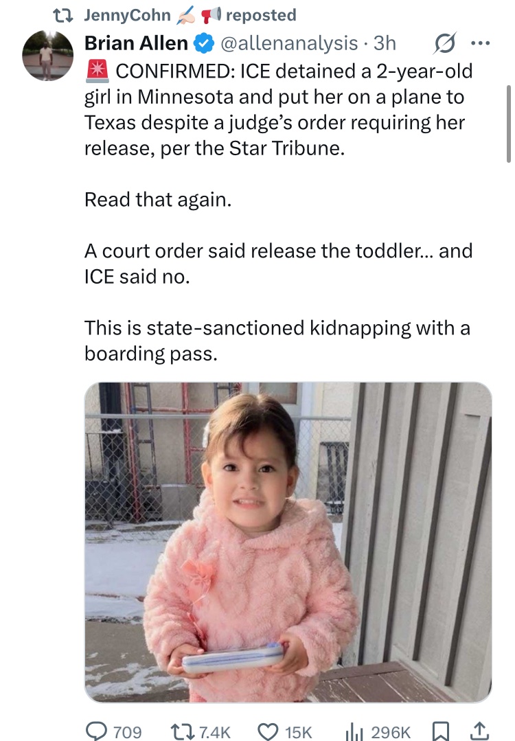 fmrpottyymouth1's tweet image. We need liberation from Nazi occupiers @vonderleyen
ICE detained 2yo girl in Minnesota &amp;amp; put her on a plane to Texas despite judge’s order requiring her release, per @StarTribune

A court order said release the toddler__ &amp;amp; ICE said no
State-sanctioned kidnapping w/a boarding pass