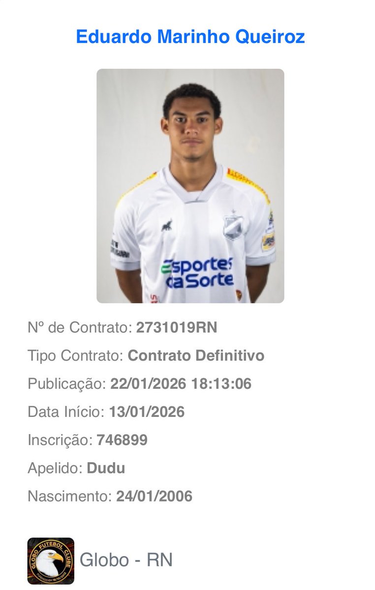 Dudu defenderá o Globo na sequência do Campeonato Potiguar. O volante teve o nome publicado no BID nesta sexta-feira (23). 

📸: Rennê Carvalho

<a href="/udenott/">Universidade do Esporte</a>