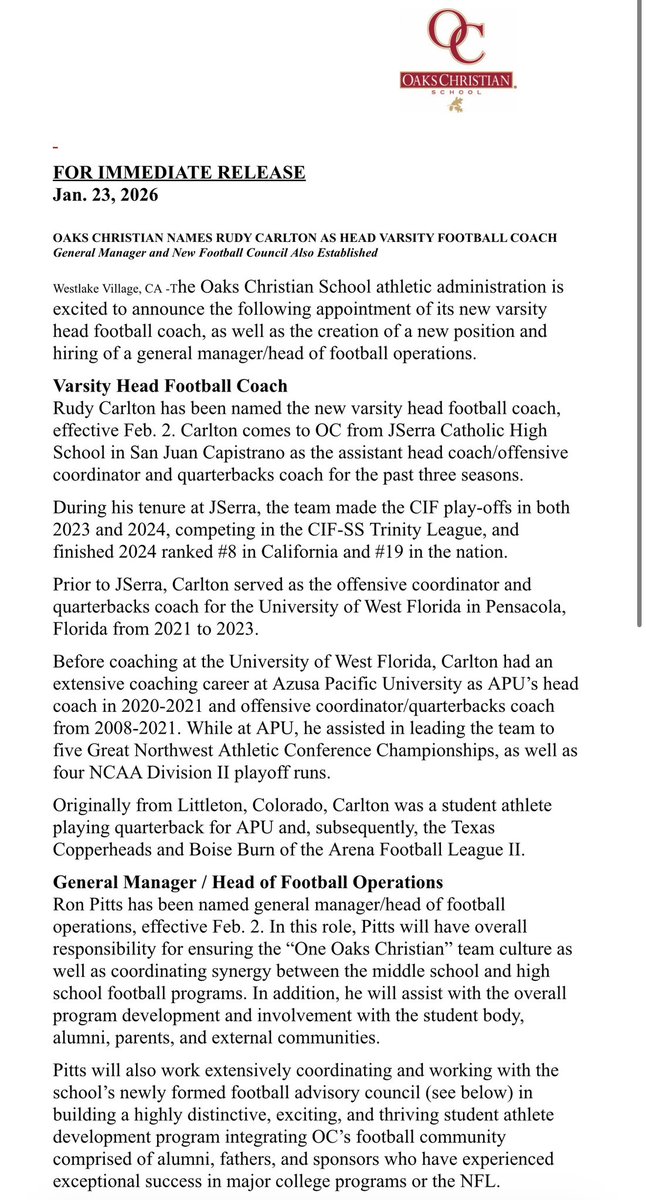 BrandonHuffman's tweet image. Per press release, Oaks Christian of Westlake Village, Calif., is hiring Rudy Carlton as its new head football coach and Ron Pitts will be the general manager/head of football operations for the Lions. Carlton was former HC at Azusa Pacific and most recently at JSerra.
