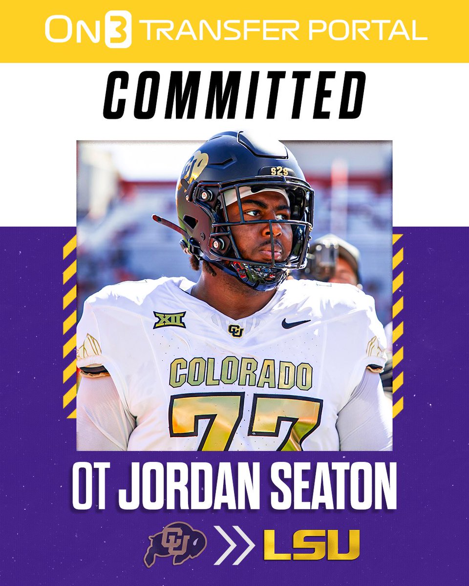 On3's tweet image. BREAKING: Colorado transfer OT Jordan Seaton has committed to LSU, he tells @Hayesfawcett3🐯

on3.com/news/colorado-…