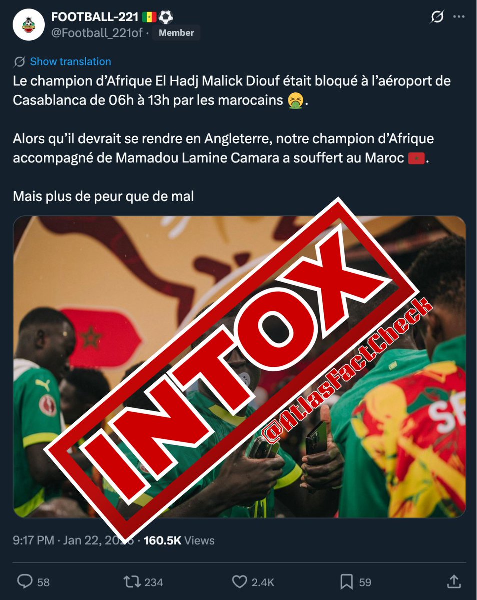 AtlasFactCheck's tweet image. 📌 MISE AU POINT 🇲🇦

El Hadj Malick Diouf n'était pas "bloqué".
Il effectuait une escale de 6h55 à l'aéroport de Casablanca, dans le cadre de son trajet Dakar-Londres avec la Royal Air Maroc.
Aucun incident n'a été signalé.

❌ L’AUTEUR PRÉTEND : El Hadj Malick Diouf aurait été…