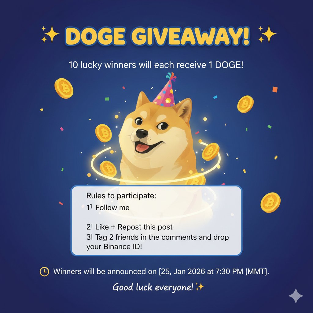 🎉 DOGE GIVEAWAY!🎉
10 lucky winners will each receive 1 DOGE! 🎁
Rules to participate:
1️⃣ Follow me
2️⃣ Like + Repost this post
3️⃣ Tag 2 friends in the comments and drop your Binance ID!
⏳ Winners will be announced on [25, Jan 2026 at 7:30 PM (MMT)].
Good luck everyone! ✨