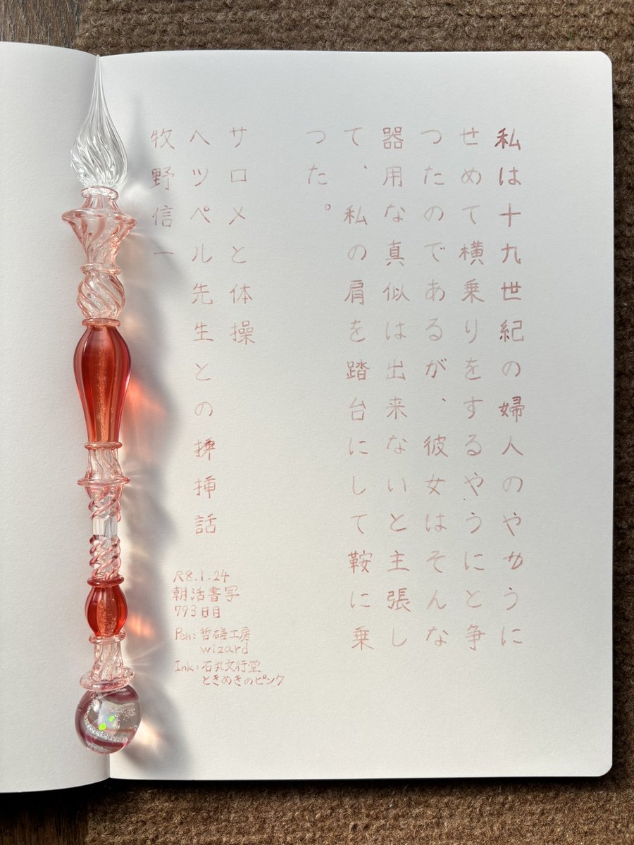 お題ありがとうございます。
休日らしくゆったりと書写してたら、2カ所も誤字ってしまいました🙈こういうこともあるよね！
#朝活書写 
#朝活書写_2297 
#ガラスペン 
ペン：哲磋工房 wizard
インク：石丸文行堂 ときめきのピンク