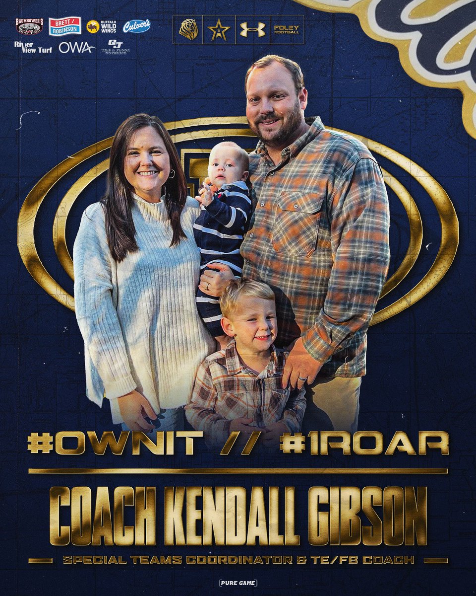 FoleyLionsFB's tweet image. The staff keeps building 📈

Providing playing and coaching experience from the D1 level, we are excited to announce that Coach Kendall Gibson is staying with us to be our Special Teams Coordinator and Tight Ends/Fullbacks Coach! 
@kendallgibson64 

#OwnIt #1ROAR 🦁