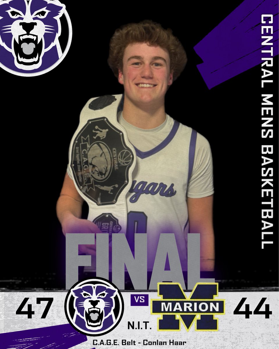 COUGS WIN!

Central - 47
Marion - 44

Conlan Haar earns the C.A.G.E. Belt with 16 pts and 7 rebs.  

Schrage adds 15pts/9 rebs, Burgmeier has 10.
Next game: Sat 1/24 at 11:30A.M. for the Championship at the NIT.

#TraditionNeverGraduates
#UnitedWeBallDividedWeFall