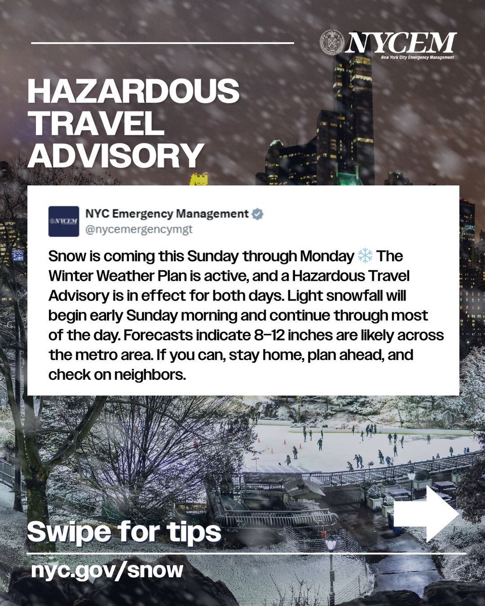 nycemergencymgt's tweet image. Snow is coming to New York City

 Sunday, Jan 25–Monday, Jan 26. 

Hazardous Travel Advisory in effect Sunday &amp;amp; Monday. 

Plan ahead and stay safe.
 
📱Sign up for Notify NYC by texting NOTIFYNYC to 692-692. (Remember to reply YES to confirm!)