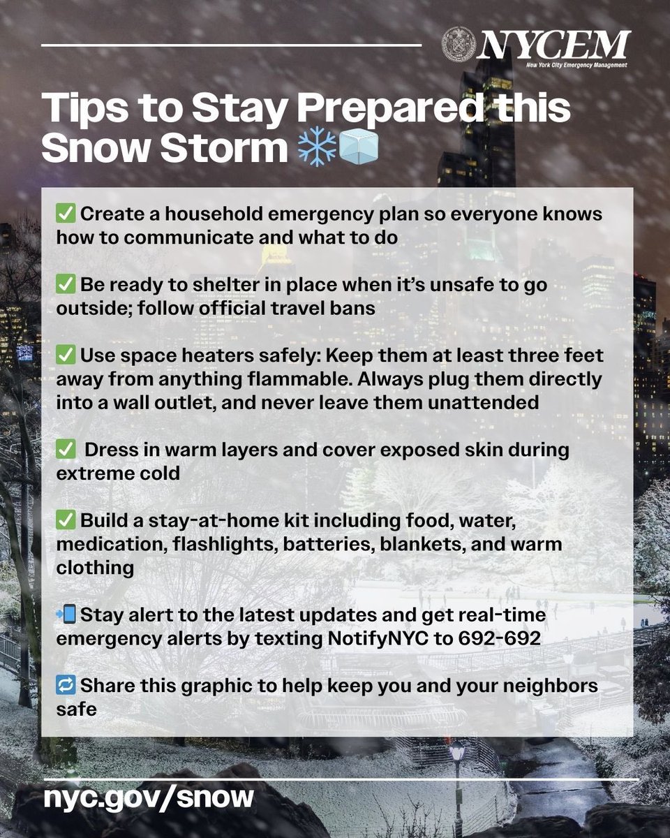 nycemergencymgt's tweet image. Snow is coming to New York City

 Sunday, Jan 25–Monday, Jan 26. 

Hazardous Travel Advisory in effect Sunday &amp;amp; Monday. 

Plan ahead and stay safe.
 
📱Sign up for Notify NYC by texting NOTIFYNYC to 692-692. (Remember to reply YES to confirm!)