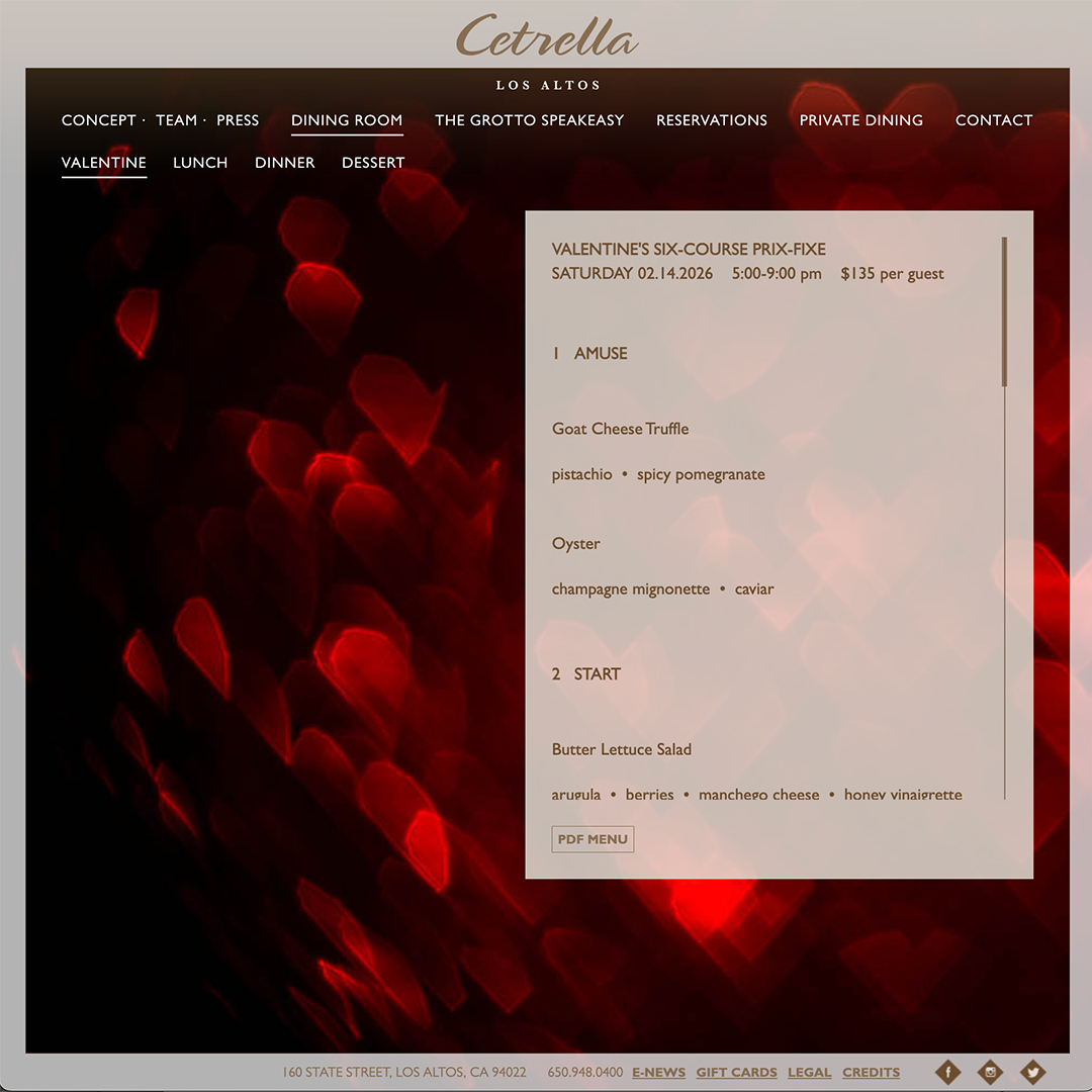 Booking a Six-Course Valentine’s Prix-Fixe Dinner

Book Now:
sevenrooms.com/reservations/c…

Menu:
cetrella.com/cetrella-los-a…

#happyvalentines #valentines2026 #siliconvalentines #SiliconValley #LosAltos #finedining #restaurant #datenight #meetcute #amusebouche #intermezzo