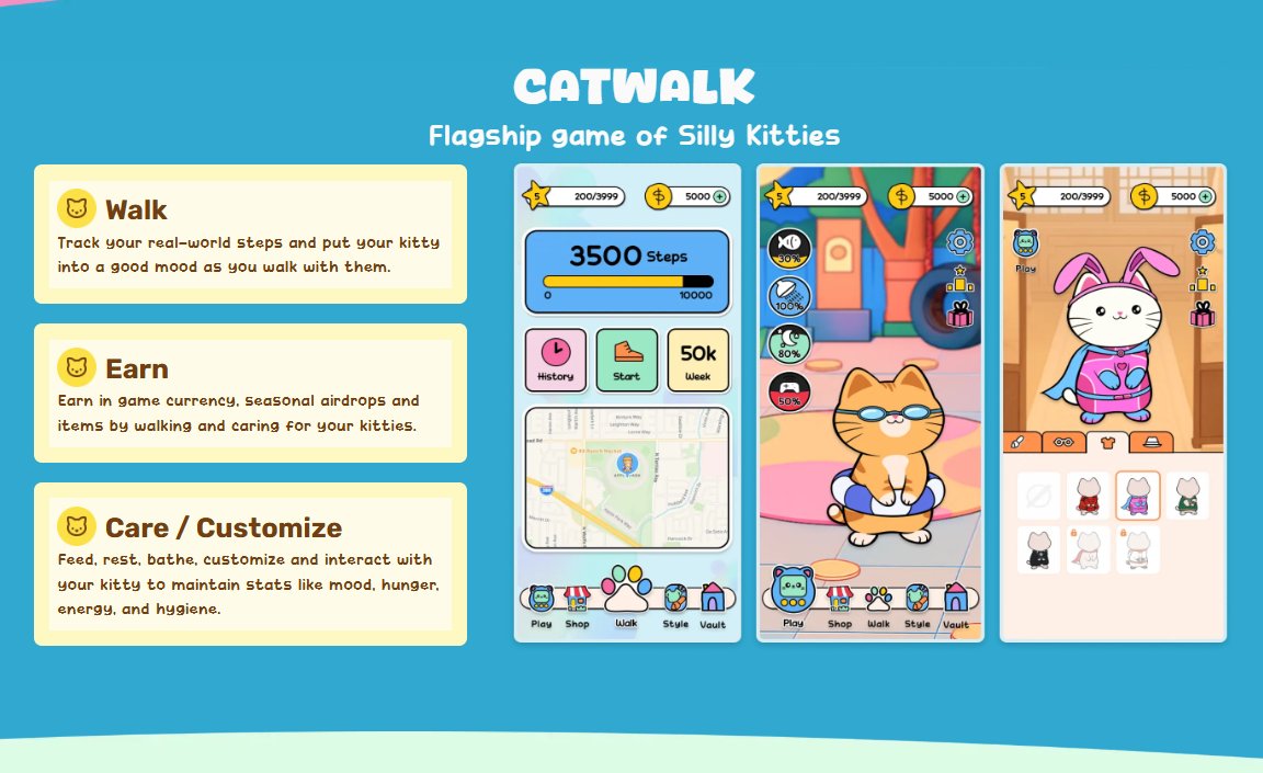 Catwalk is our flagship mobile game!

Walk, Earn, and care for your Kitties 😍 

First test will be out sooner than you think.

Learn more: Sillykitties.co
