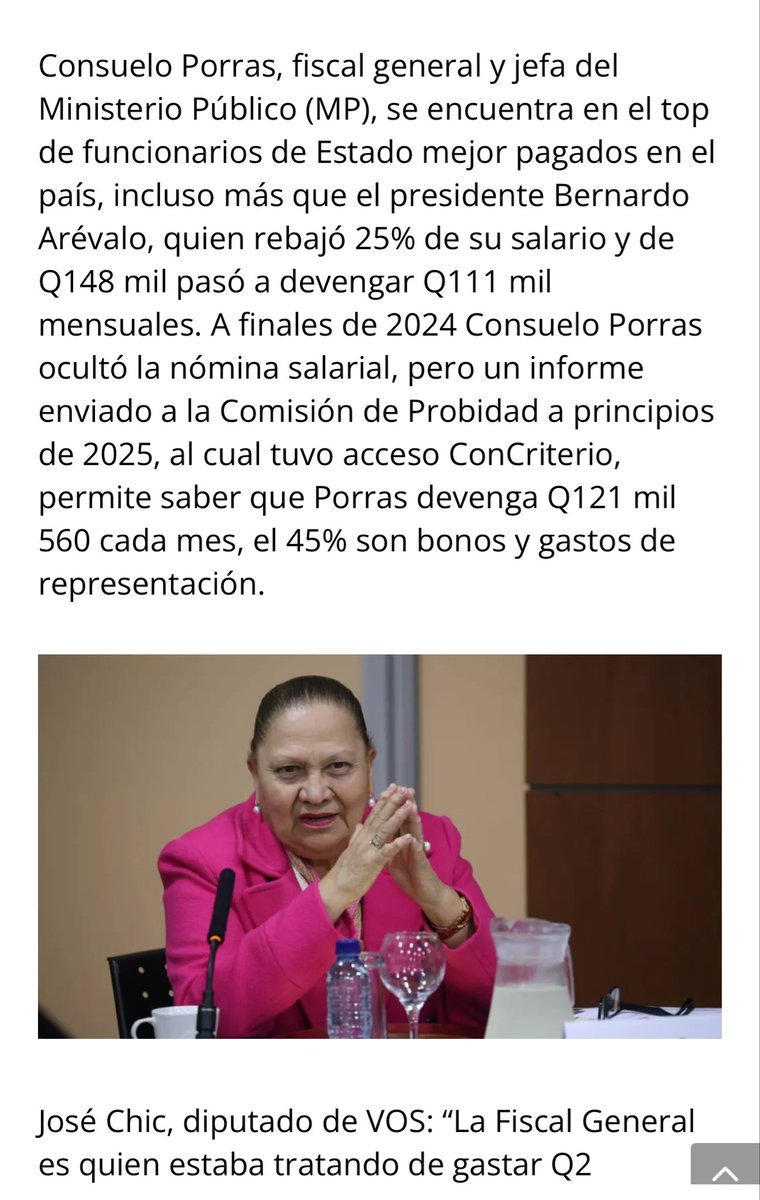 Nos indignaron los salarios en la Superintendencia de Competencia. Pero lo de Consuelo Porras es peor: Q121 mil mensuales para dirigir el MP más cuestionado y sancionado, ocultando nóminas y garantizando impunidad. Guatemala no puede normalizar esto.