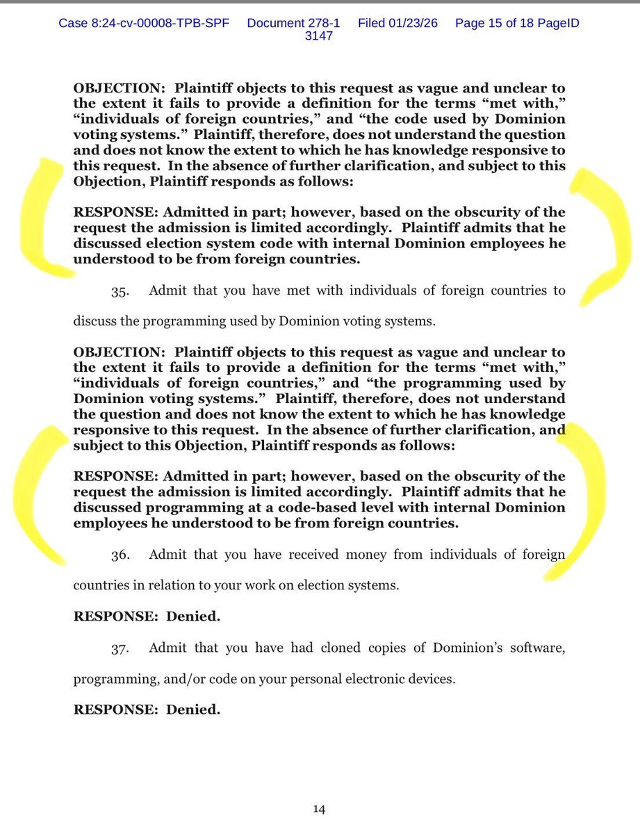 PeterBernegger's tweet image. 🚨 FEDERAL COURT ADMISSIONS - UNDER OATH 🚨

Eric Coomer (Dominion voting) admitted in sworn discovery that he:

• Met with foreign nationals to discuss Dominion equipment

• Discussed vote adjudication software with foreign employees

• Discussed election system code &amp;amp;…