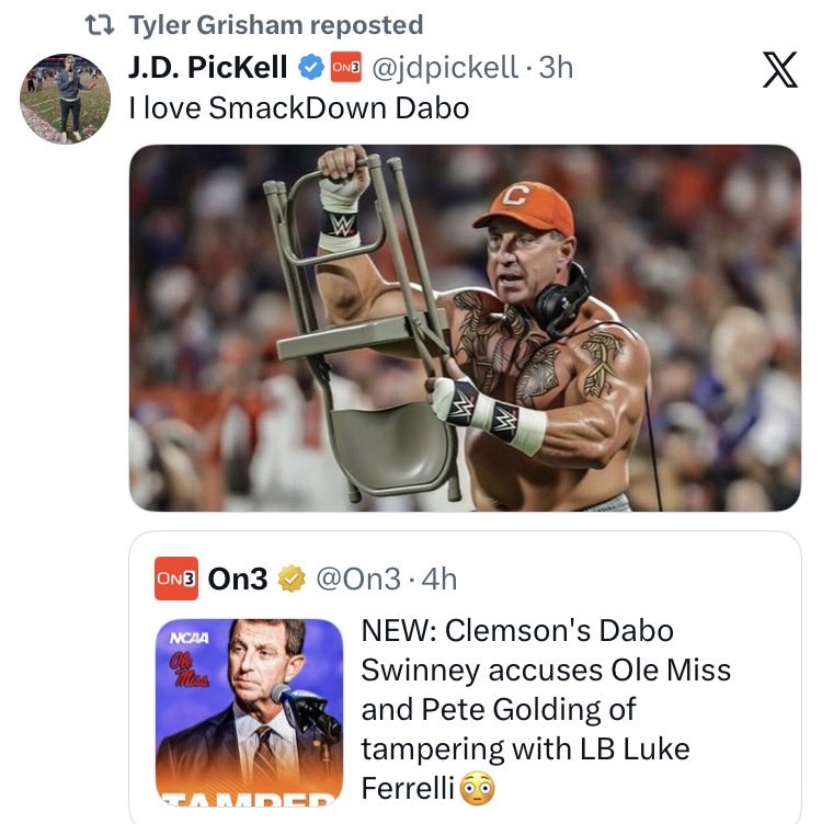 Jon_Blau's tweet photo. Clemson WR coach Tyler Grisham standing behind his coach and retweeting all of the pro-Dabo Swinney takes after his press conference calling out Ole Miss and Pete Golding for tampering. https://t.co/ebm6H45l4x