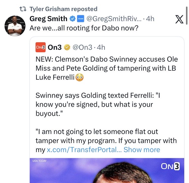 Jon_Blau's tweet photo. Clemson WR coach Tyler Grisham standing behind his coach and retweeting all of the pro-Dabo Swinney takes after his press conference calling out Ole Miss and Pete Golding for tampering. https://t.co/ebm6H45l4x