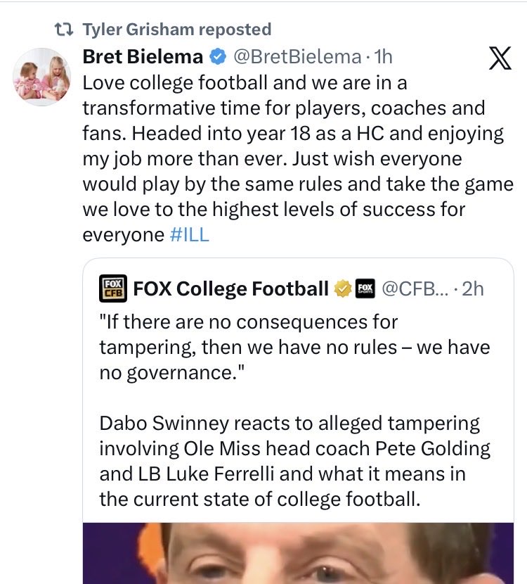 Jon_Blau's tweet photo. Clemson WR coach Tyler Grisham standing behind his coach and retweeting all of the pro-Dabo Swinney takes after his press conference calling out Ole Miss and Pete Golding for tampering. https://t.co/ebm6H45l4x